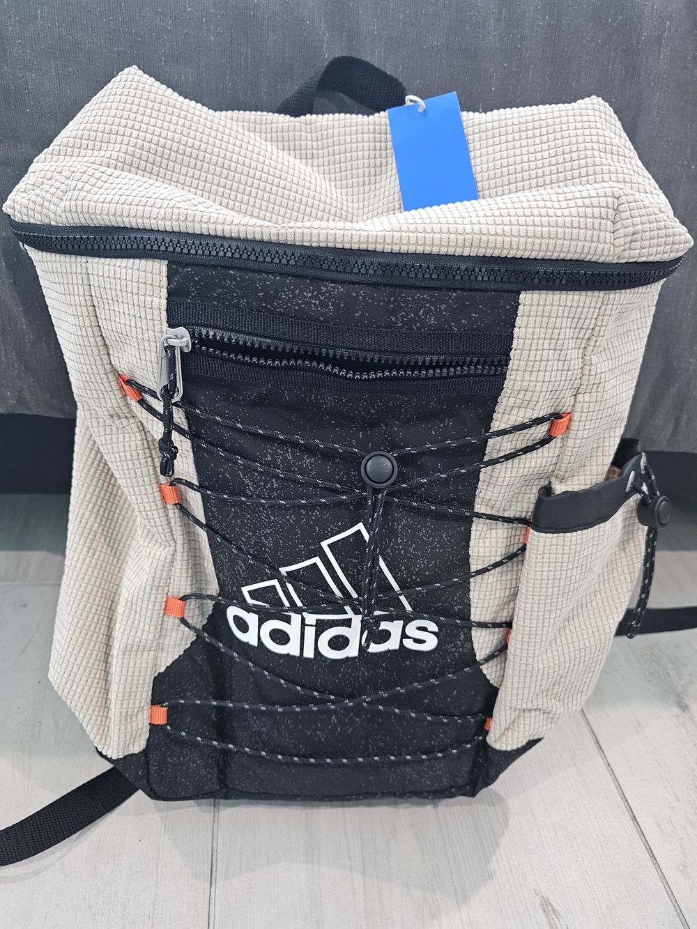 Adidas Corduroy Black and Beige Rugged Drawcord Bungee Backpack New